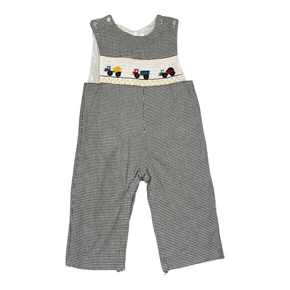 Cupcake Originals Smocked Construction Romper Boys 2T Black White Gingham Trucks - Picture 6 of 6